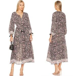 Cleobella Brown and Black Midi Dress with V-Neck and Bishop Sleeves NWT